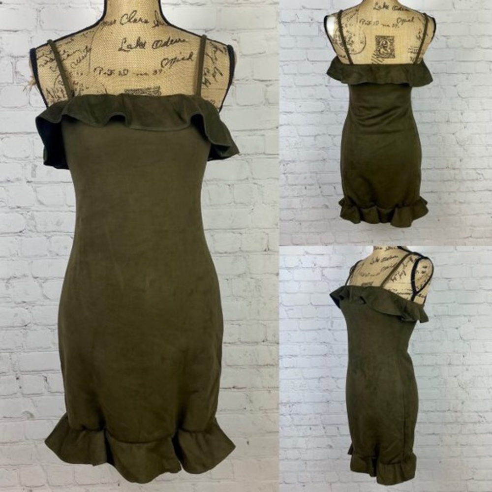 Misguided Vegan Suede Moss Green Ruffled Bodycon Dress